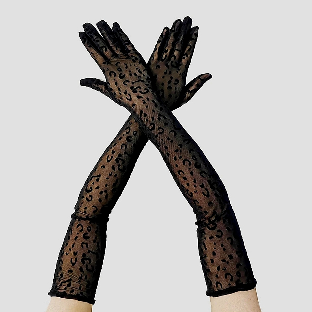 Black Sheer Elegant Leopard Animal Print Elbow Opera Length Gloves NWT